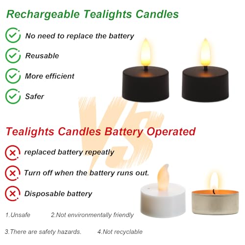 Rechargeable Black Tea Lights Candles with Remote & Timer - Set of 12 - Black