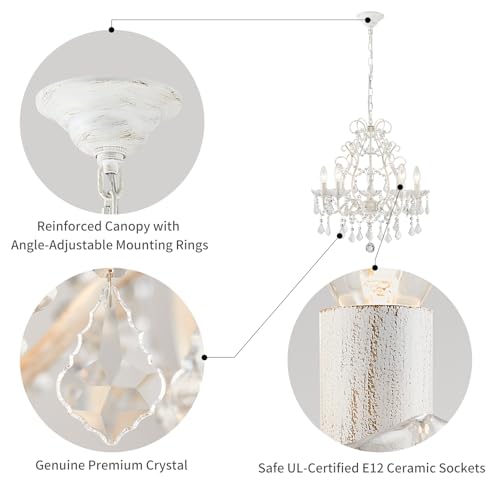 Rustic White 5-Light Crystal Candle Chandelier Pendant Ceiling Light for Bedroom Hallway Kitchen