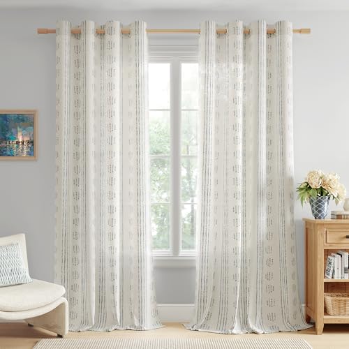 Boho Linen Curtains 52 W x 84 L - Blue Grommet Top 2 Panels - Farmhouse Style