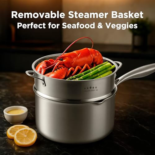 2.5 Qt Stainless Steel Saucepan with Steamer Basket & Glass Lid - Multi-Function Cooking Pot