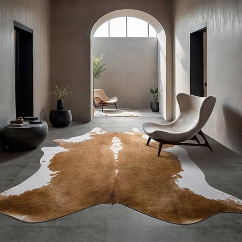 BENRON Faux Cowhide Rug Caramel 4'7 x 5'2 Irregular - Cow Print Rug for Living Room Bedroom