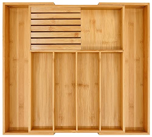 VaeFae Natural Bamboo Silverware Drawer Organizer, 7 Slots, Adjustable