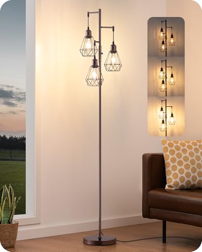 EDISHINE 70-Inch Industrial Floor Lamp with Dimmable 3 LED Bulbs - Brown