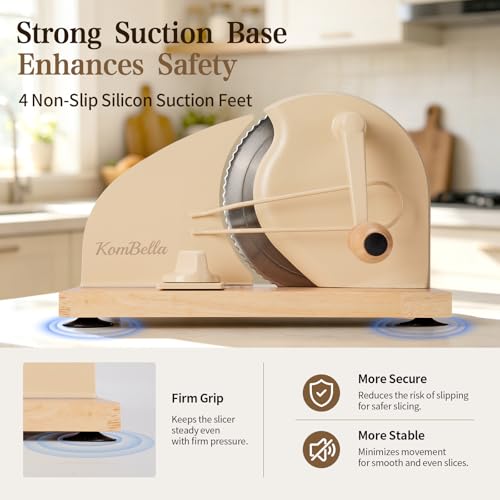 Beige Sourdough Bread Slicer with Adjustable Thickness & Hand Crank, Wooden Base & Safety Guard