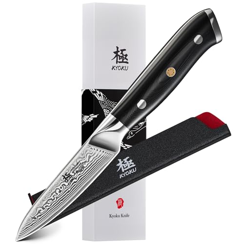 KYOKU Paring Knife - 3.5-Inch Japanese Damascus VG10 Steel Blade - Shogun Series with Sheath & Case