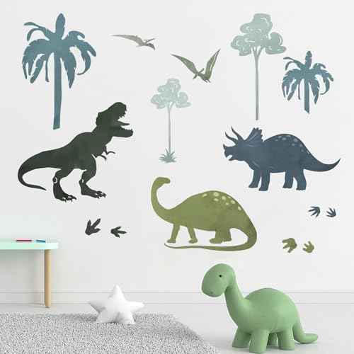 Yovkky Dinosaur Tropical Plant Wall Decals Stickers, Dino Palm Tree Footprints Toddler Baby Nursery Decor, Feet Tracks Paw Prints Home Decorations Kids Bedroom Playroom Art