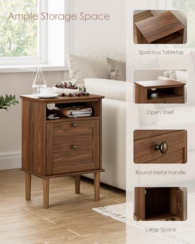 Walnut Nightstand with Drawer & Open Shelf - Modern Boho Bedside Table