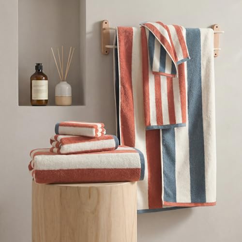 Terracotta Redkiss 6-Piece Cotton Towel Set - Reversible Striped Bathroom Towels