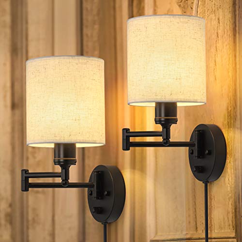CADUKE Linen Plug-in Wall Sconce Set of 2 Swing Arm Wall Lamps - Modern Farmhouse Style