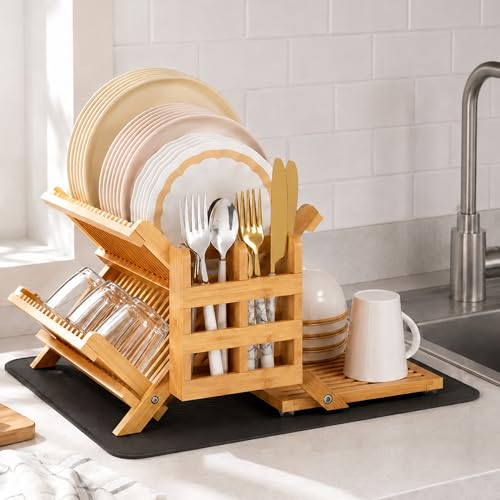 Natural 3-Tier Bamboo Dish Drying Rack with Utensil Holder & Absorbent Mat - Collapsible Kitchen Organizer