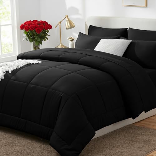 CozyLux Full Size Black Comforter Set - 7-Piece Bed in a Bag, All-Season Warmth