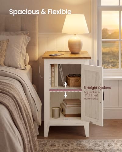 VASAGLE Rustic White & Honey Brown Nightstand with Charging Station, 18.9"D x 14.2"W x 24.8"H