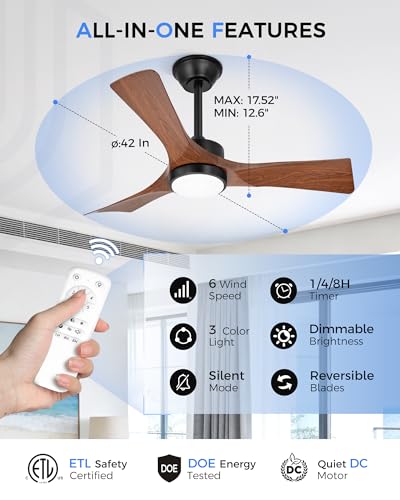 JAZAVA 42-Inch Wood Grain Ceiling Fan with Light & Remote, Damp Rated, 3-Blade, 6-Speed DC Motor (Variation: Wood Grain 1 / 42 Inch)