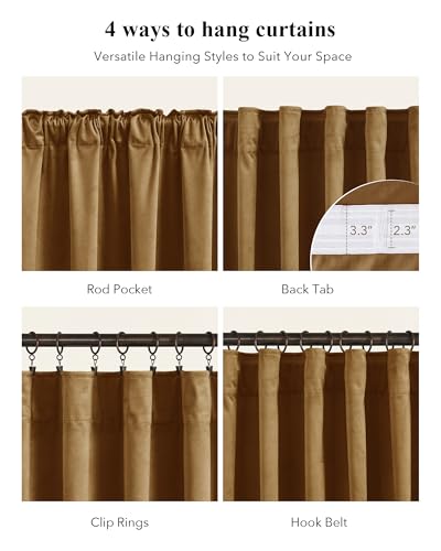Gold Brown Velvet Curtains for Living Room - 52x96 Inches, Pack of 2, Boho Style