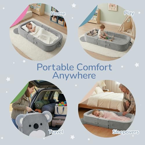 Zelladorra Grey Koala Toddler Travel Bed - Portable Floor Bed with Removable Washable Cover