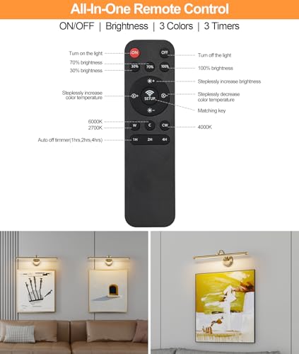 Rechargeable Brass Picture Light for Wall - 23.6 Inch Dimmable Art Sconce with Remote & Timer