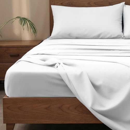 King Size Bamboo Viscose Sheets Set - Deep Pocket Cooling Bed Sheets with Magnetic Closure - White - 4 Piece