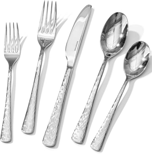 Kingstone 60-Piece Silver Flatware Set 18/10 Stainless Steel Hammered Finish for 12