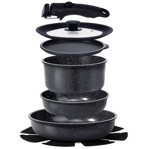 Ceramic Pots and Pans Cookware Set with Detachable Handle - Dark Gray 0801