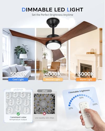 JAZAVA 42-Inch Wood Grain Ceiling Fan with Light & Remote, Damp Rated, 3-Blade, 6-Speed DC Motor (Variation: Wood Grain 1 / 42 Inch)