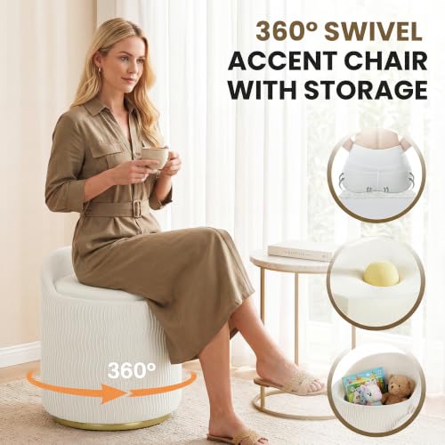White Velvet Vanity Chair with Storage & 360° Swivel - Set of 1