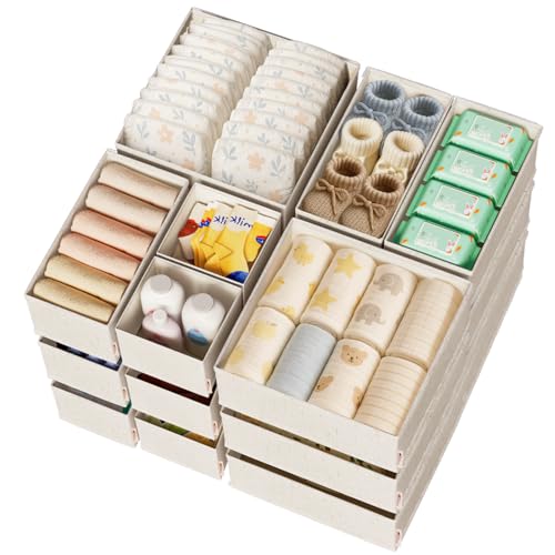 Cotton Linen Baby Drawer Organizers - 20 Pack Beige Linen Nursery Storage