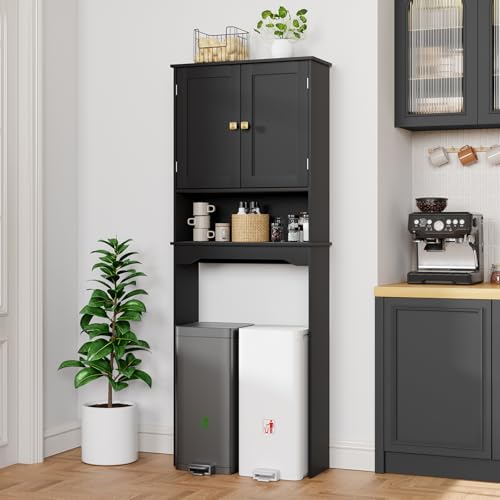 Over The Toilet Storage Cabinet - Black Bathroom Organizer with Adjustable Shelf - 24.8"L