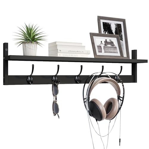 Wall-Mounted Shelf with Hooks - 28.9 Inch Entryway Hanging Storage Black - Variation of Black-28.9IN