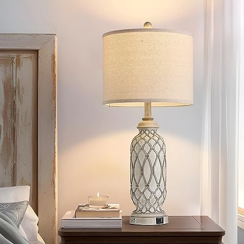 Off White Farmhouse Bedside Table Lamps Set of 2 with USB Ports, 28 Inch Dimmable Nightstand Lamps for Bedroom & Living Room