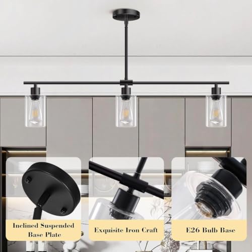 Black 3-Light Rectangular Kitchen Island Pendant Light with Glass Shades - Adjustable Height