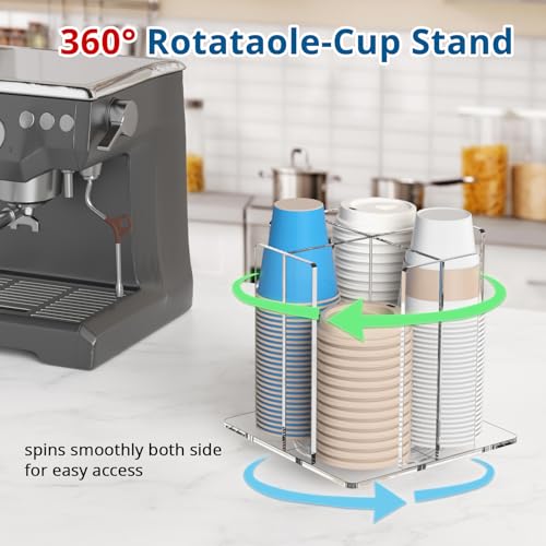 Clear Rotating Cup and Lid Holder Organizer, 4 Compartments for Coffee Station