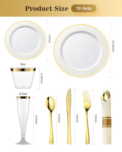 Gold Disposable Dinnerware Set for 70 Guests - 560 Pcs Fancy Plastic Plates & Glasses