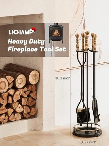 Fireplace Tools Set with Retro Gold Handles - 5-Piece Fireplace Accessory Kit