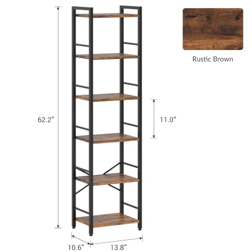 Tall 6-Tier Bookcase with Side Rails - Rustic Brown & Black, Space-Saving Shelving