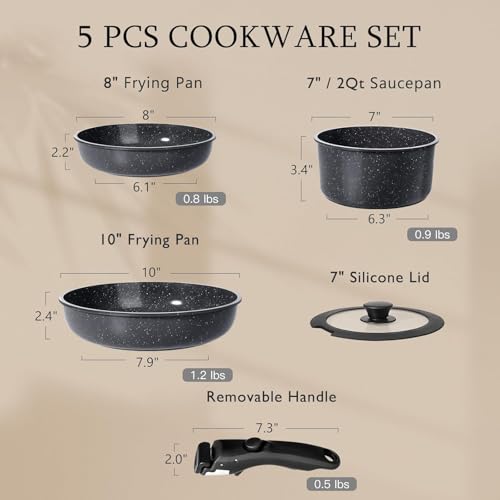 GiPP 5-Piece Ceramic Nonstick Cookware Set with Detachable Handles - Dark Gray