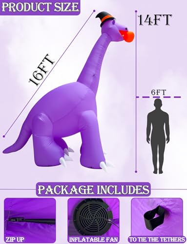16 Ft Giant Halloween Dinosaur Inflatable with Lights & Stakes for Outdoor Yard Decor