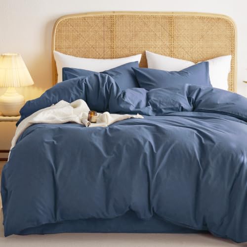 Queen Cotton Duvet Cover Set - Dark Blue, 100% Washed Cotton, Linen Look, Breathable & Durable, Farmhouse Style