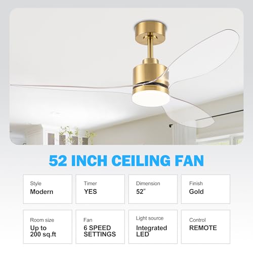 52-inch Gold Ceiling Fan with Lights and Remote, Reversible Blades, Quiet DC Motor for Large Rooms