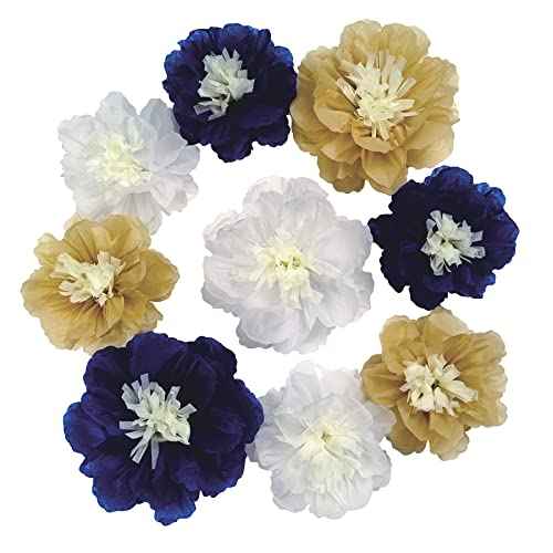 Mybbshower 12 PCS Navy Blue Gold Tissue Paper Flowers for Birthday Baby Bridal Shower Wedding Bachelorette Navy Blue Anniversary Party Decorations 10"-6"