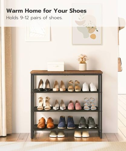 HOOBRO 29.5" Rustic Brown & Black 4-Tier Shoe Rack with Oxford Fabric Shelves & Top Panel