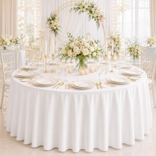 White 120 Inch Round Tablecloths - Pack of 10 Washable Polyester Cover for Dining & Events