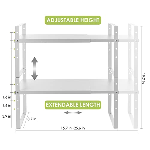 Across-Star Expandable White Kitchen Counter Organizer Rack 2 Pack, Adjustable & Stackable Spice & Pantry Shelves