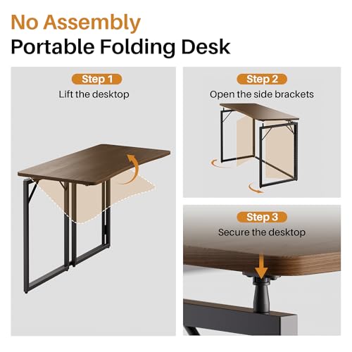 Brown 31.5-Inch Folding Desk - No Assembly Wooden Top, Small Space-Saving Table