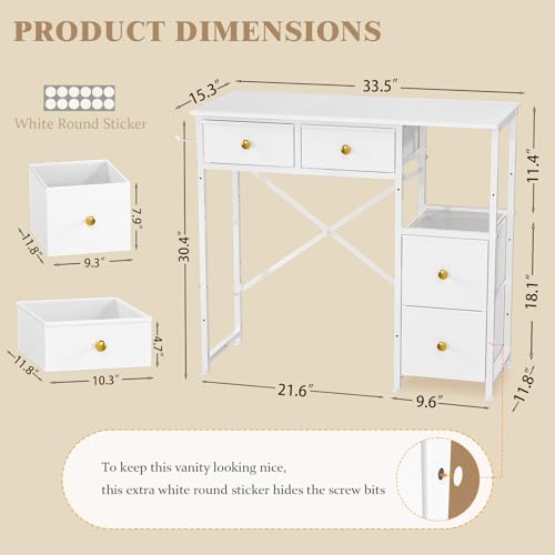 3IngSeagulls Small White Vanity Desk with 4 Fabric Drawers, Reversible Open Shelf, No Mirror