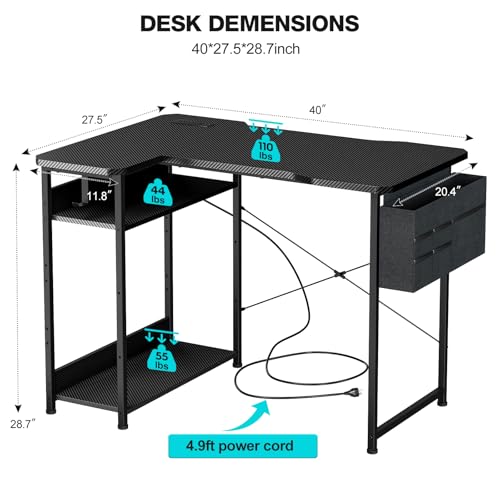 Acrolix 40-Inch L-Shaped Gaming Desk with Power Outlets - Reversible Shelves, Black Carbon