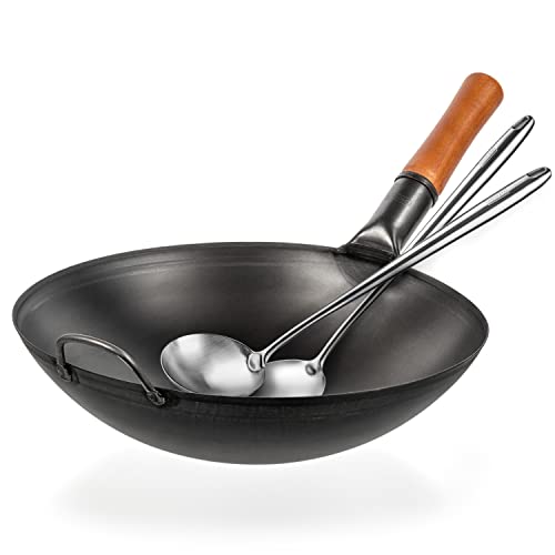 14-Inch Carbon Steel Wok Set with Spatula & Ladle - Pre-Seasoned, Heat-Resistant