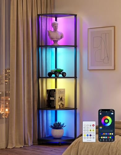 Black Corner Shelf with LED Light and Remote, 5-Tier Floor Display Shelf for Living Room & Bedroom