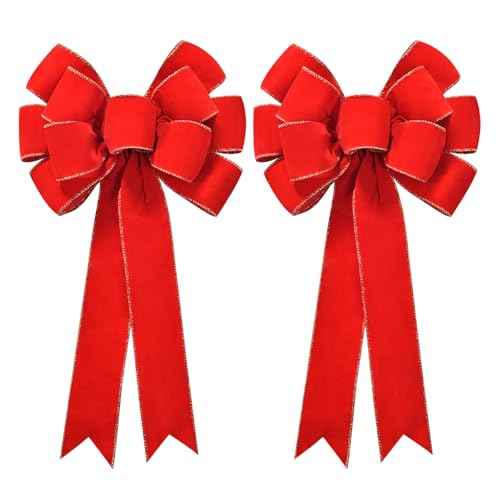 2 Pack Red Christmas Bows Outdoor Decorations,10.6x19.7 Inch Large Christmas Tree Topper Bow, Velvet Wreath Bow with Glitter Gold Edge for Xmas Home Front Door Decor,Wreaths, Gifts & Home Decor