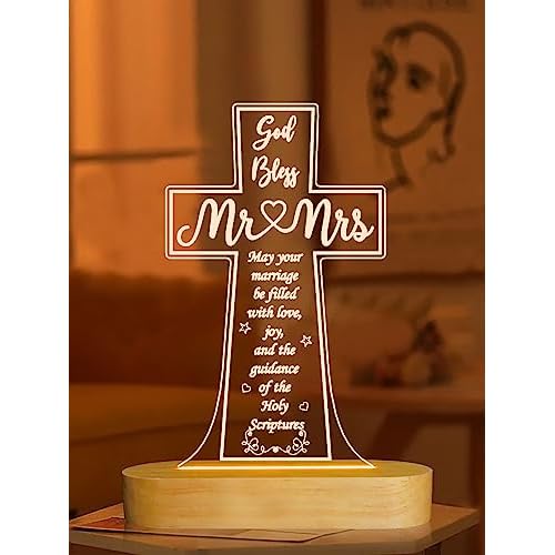 Ammonite Wedding Gifts, Cross Wooden Night Light, Decoration Lamp Husband and Wife Wedding Engagement Anniversary Valentine's Day Gifts for Couple Bride Groom, Newlywed Gifts His Hers