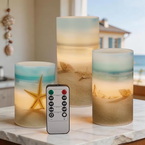 Beach Coastal Ocean Decor Seashell & Starfish Flameless LED Candles - Ocean Blue